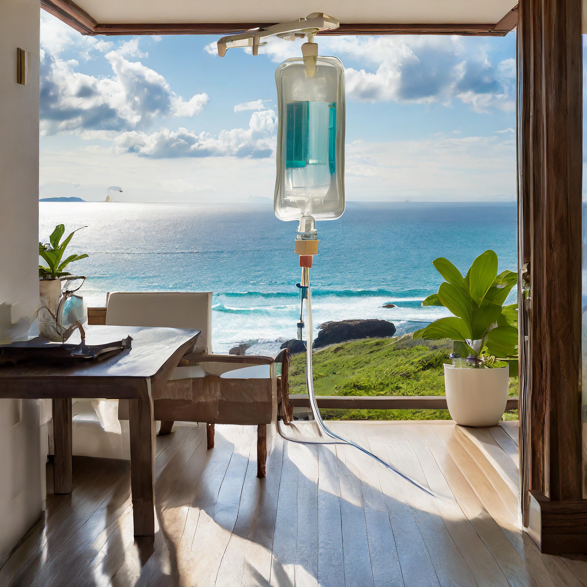 IV infusion in a home overlooking the ocean