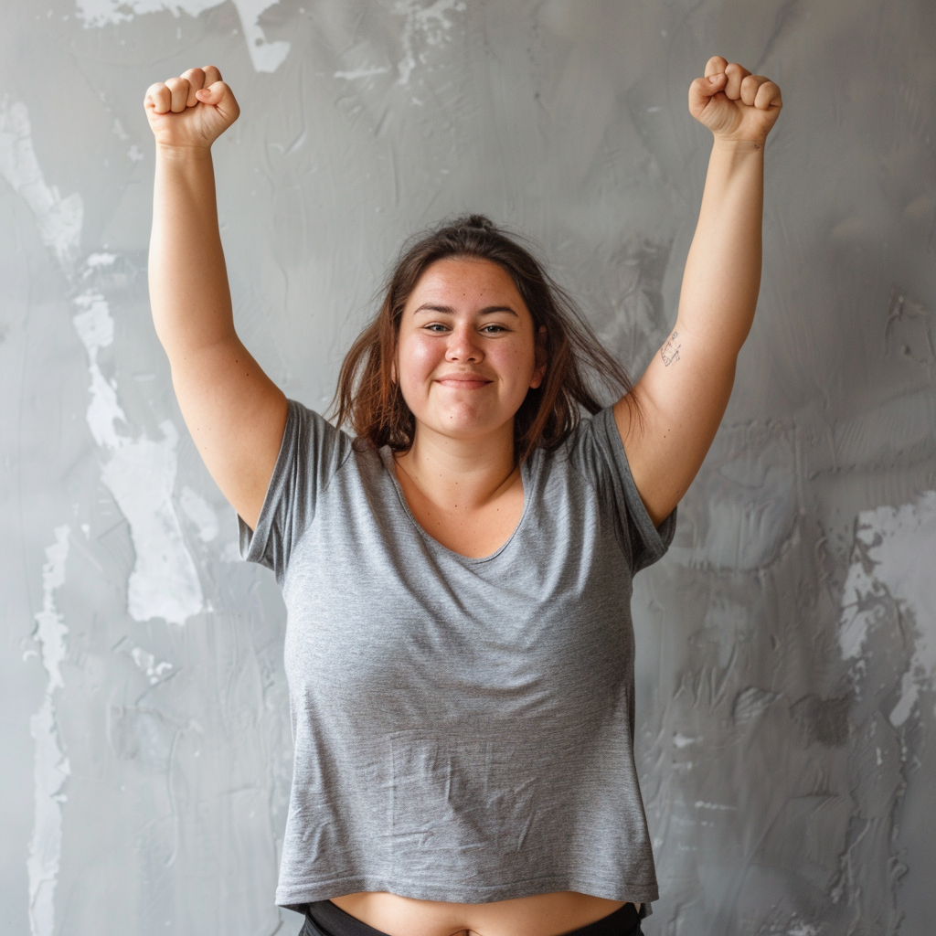 Woman, brown hair and a gray shirt, smiling with arms raised in triumph having lost weight. She is still slightly overweight, but losing it fast