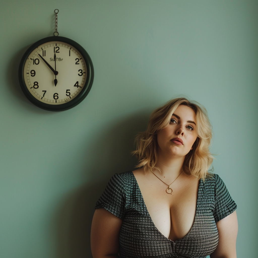 An attractive woman, slightly overweight, waiting by a clock