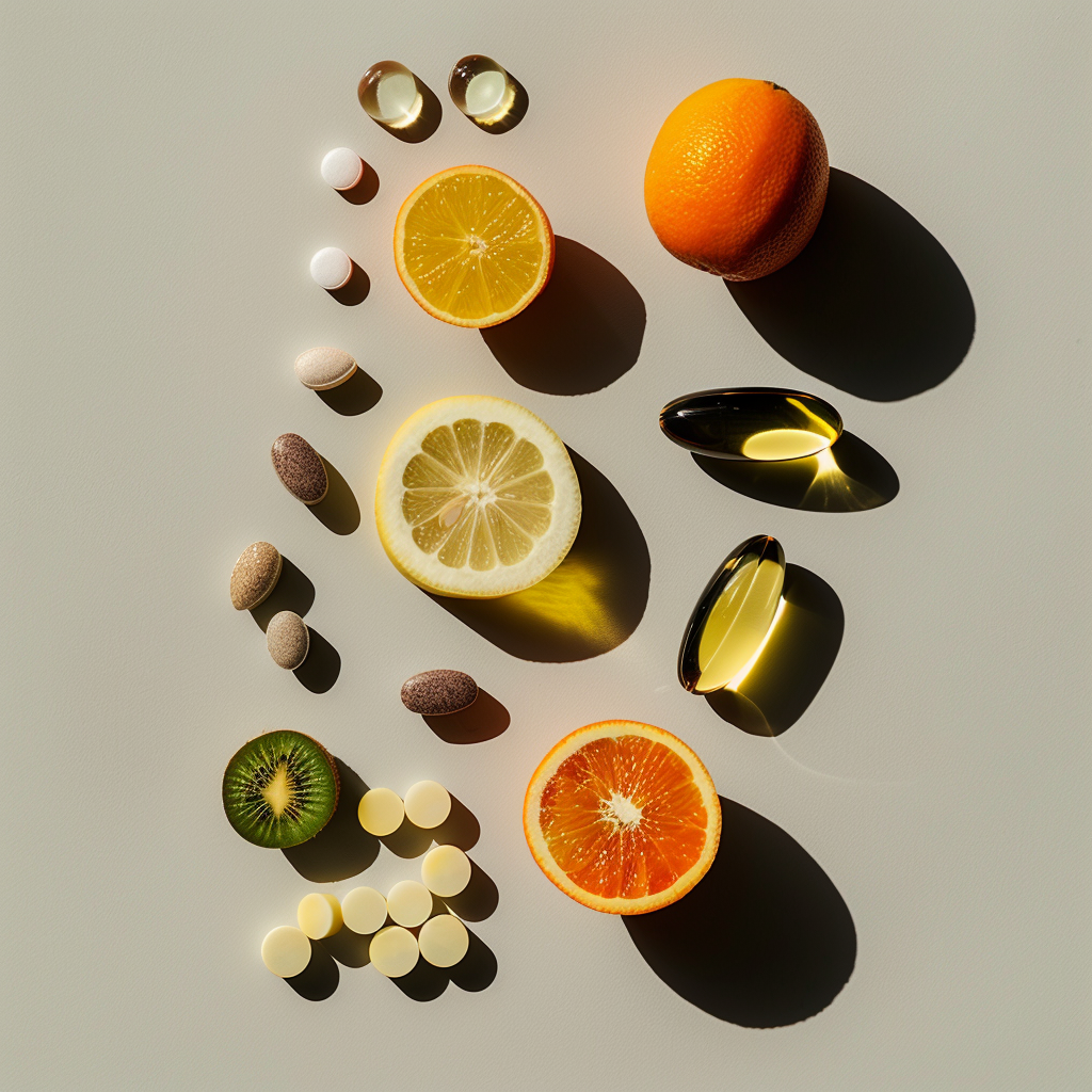 Vitamins and various fruits (which contain vitamins) laid down on a flat gray surface