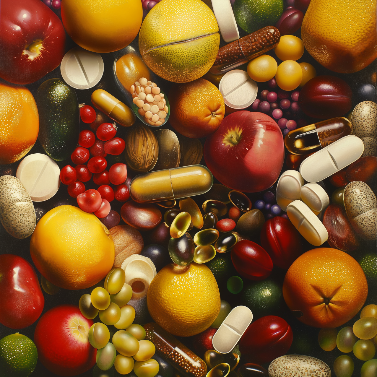 An animation of vitamins and foods that contain vitamins (fruits)