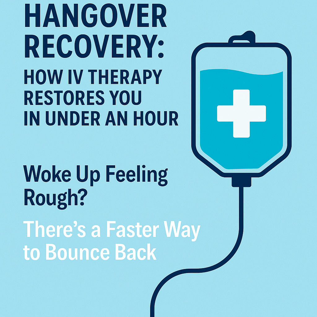 Digital graphic promoting hangover recovery with IV therapy, featuring a blue IV bag illustration and text that reads "Hangover Recovery: How IV Therapy Restores You in Under an Hour" with the tagline "There's a Faster Way to Bounce Back."