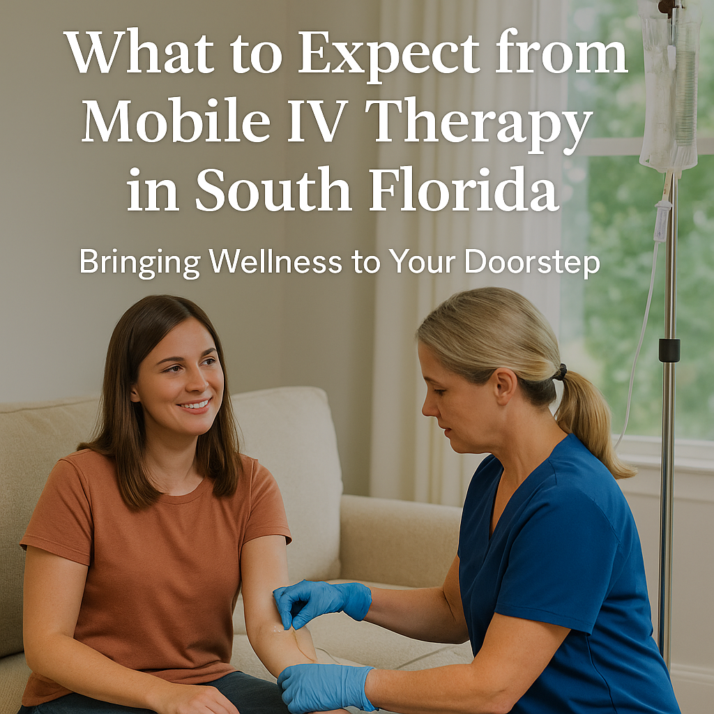 Smiling woman receiving mobile IV therapy at home from a nurse in a blue uniform, illustrating the comfort and convenience of in-home wellness care.