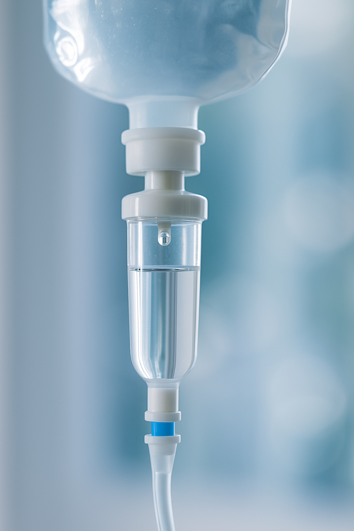 Close-up of a clear IV drip chamber used in NAD+ IV therapy, set against a soft blue background.