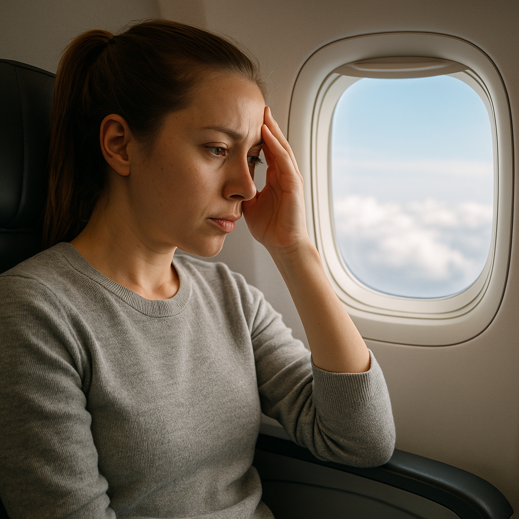 Woman experiencing jet lag on an airplane, illustrating fatigue and discomfort commonly addressed by IV therapy for jet lag.