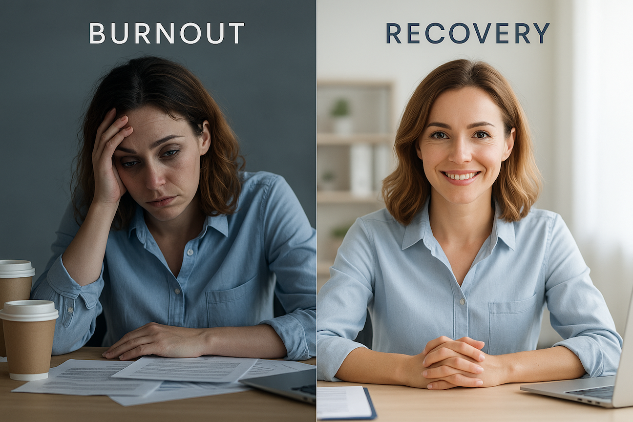 Split-screen comparison showing burnout vs recovery: exhausted woman with head in hands surrounded by coffee cups and paperwork on left, same woman looking refreshed and energized in bright office on right