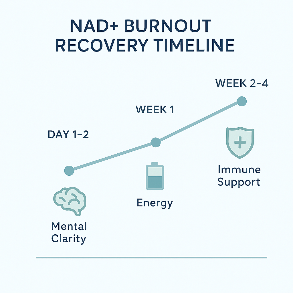 NAD+ burnout recovery timeline infographic showing progressive improvement over 4 weeks: Day 1-2 mental clarity, Week 1 increased energy, Week 2-4 immune support, with ascending graph line and medical icons