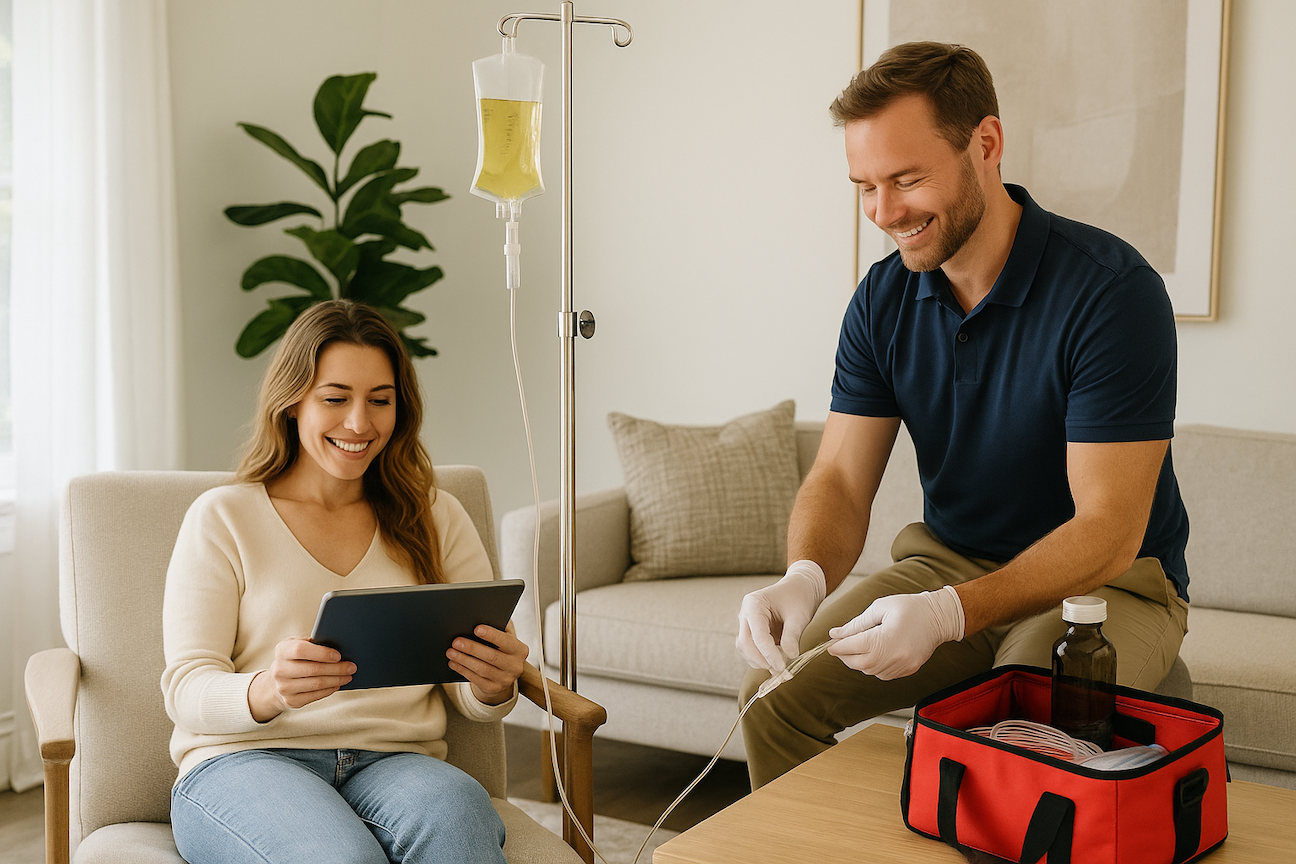 Mobile IV therapy session at home showing relaxed woman reading tablet while receiving IV treatment from healthcare professional in casual attire in bright modern living room