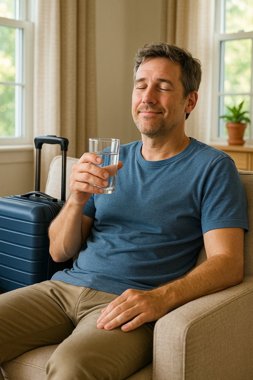 Relaxed traveler arriving home looking relieved and comfortable, sitting on couch with luggage nearby, holding glass of water. Warm, welcoming home environment with natural lighting through windows. Person appears tired but content to be home. Emphasis on rest and recovery rather than activity. Modern, clean home setting that suggests comfort and recuperation. Casual, relatable atmosphere.