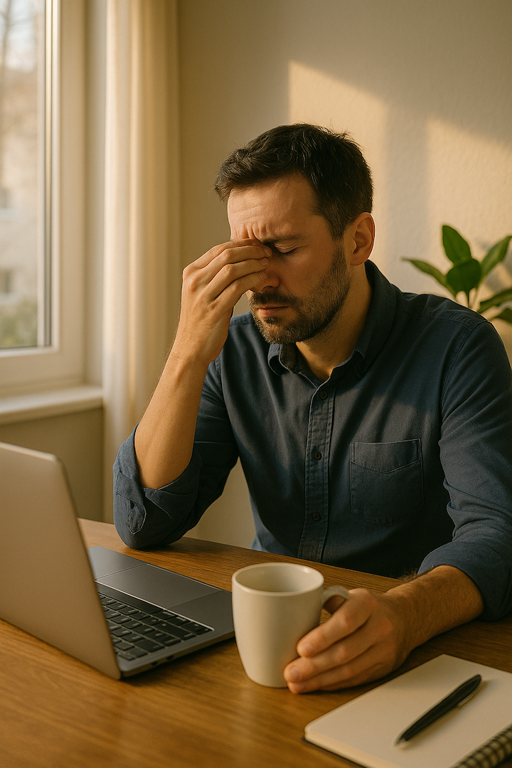 Exhausted person at desk with empty coffee cup experiencing energy crash despite caffeine consumption