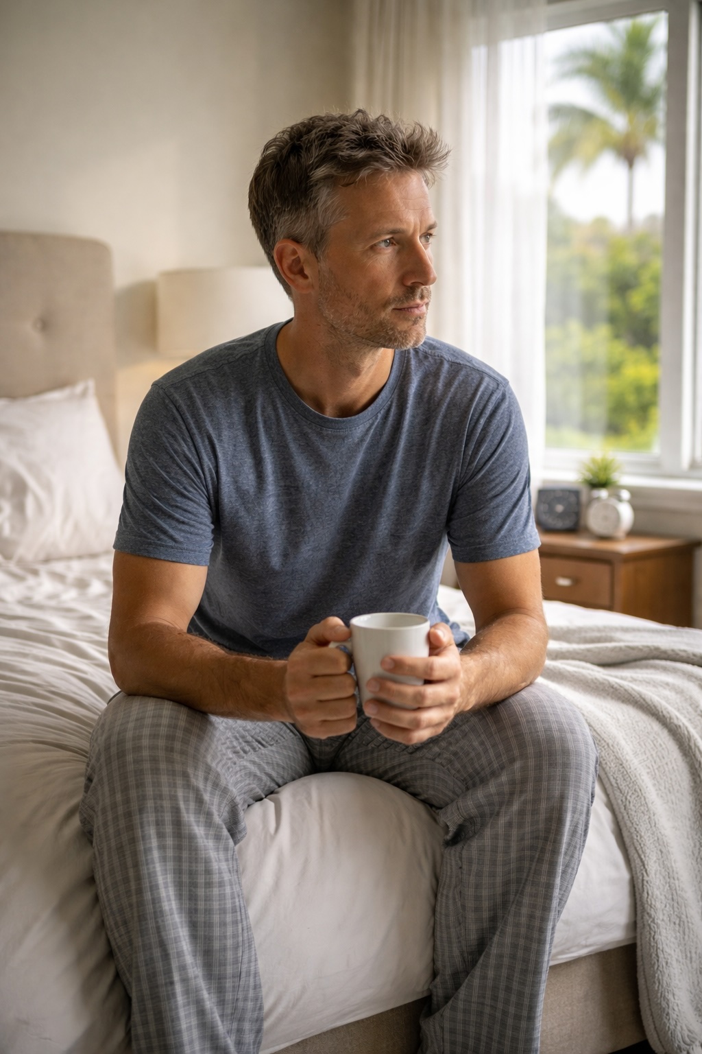 Person recovering from Daylight Saving Time disruption sitting on bed in morning light with coffee