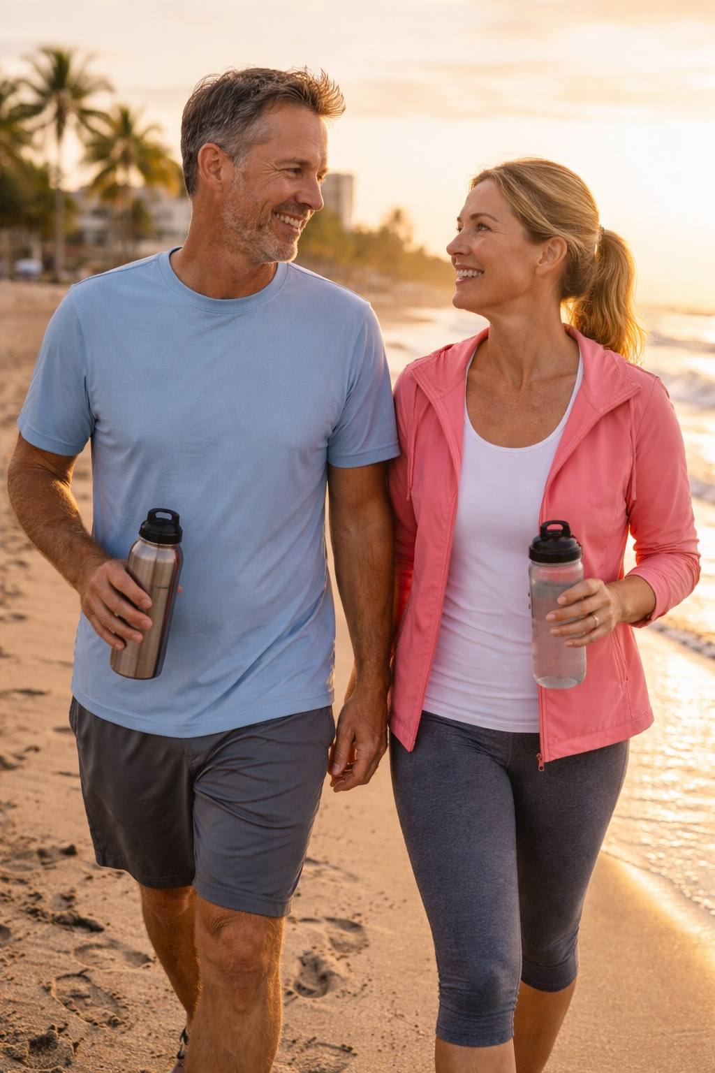 Active couple walking together on beach supporting shared wellness goals