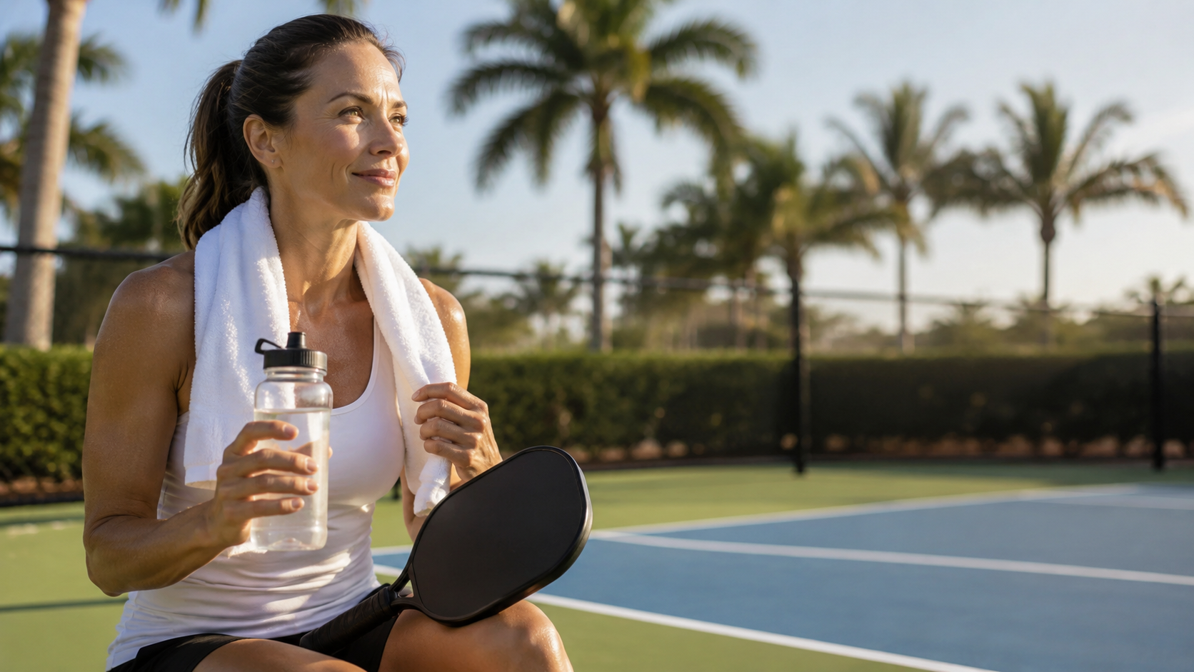 Pickleball player taking a hydration break on a South Florida court between matches