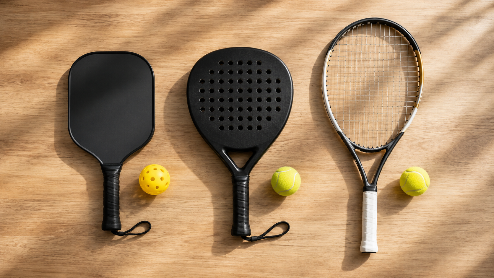 Pickleball, padel, and tennis equipment representing the racquet sports popular in South Florida