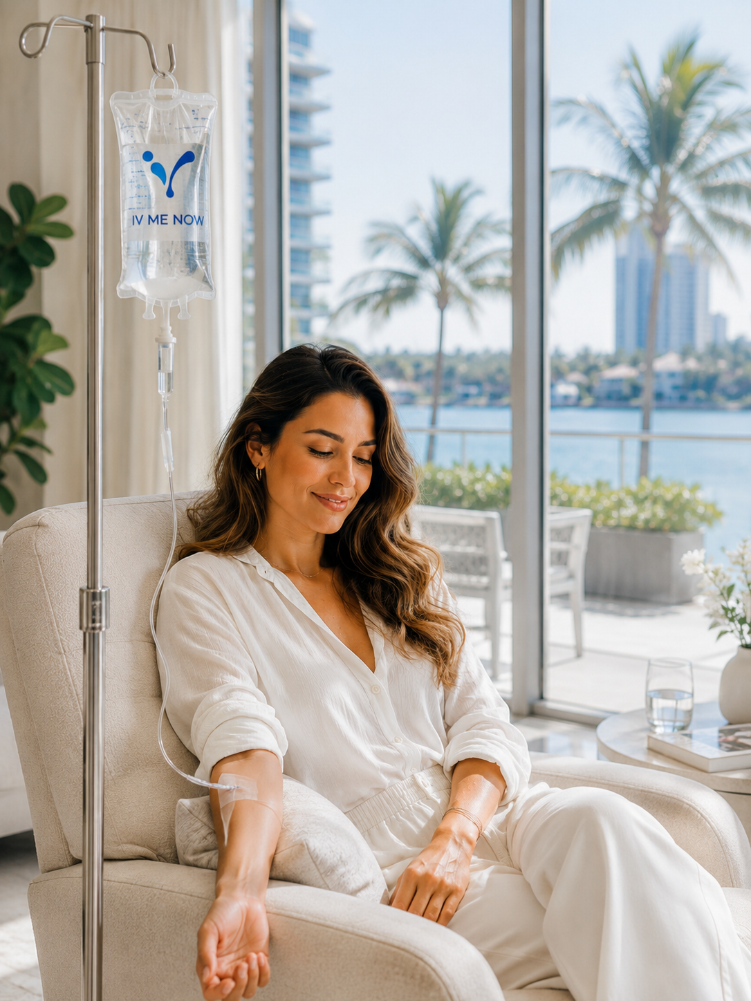 A client relaxing while receiving IV therapy at home.