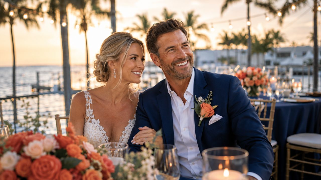Bride and groom glowing at a South Florida wedding reception