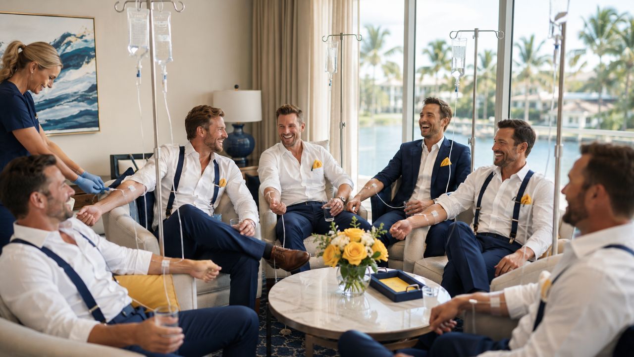 Groomsmen getting group IV therapy before a South Florida wedding
