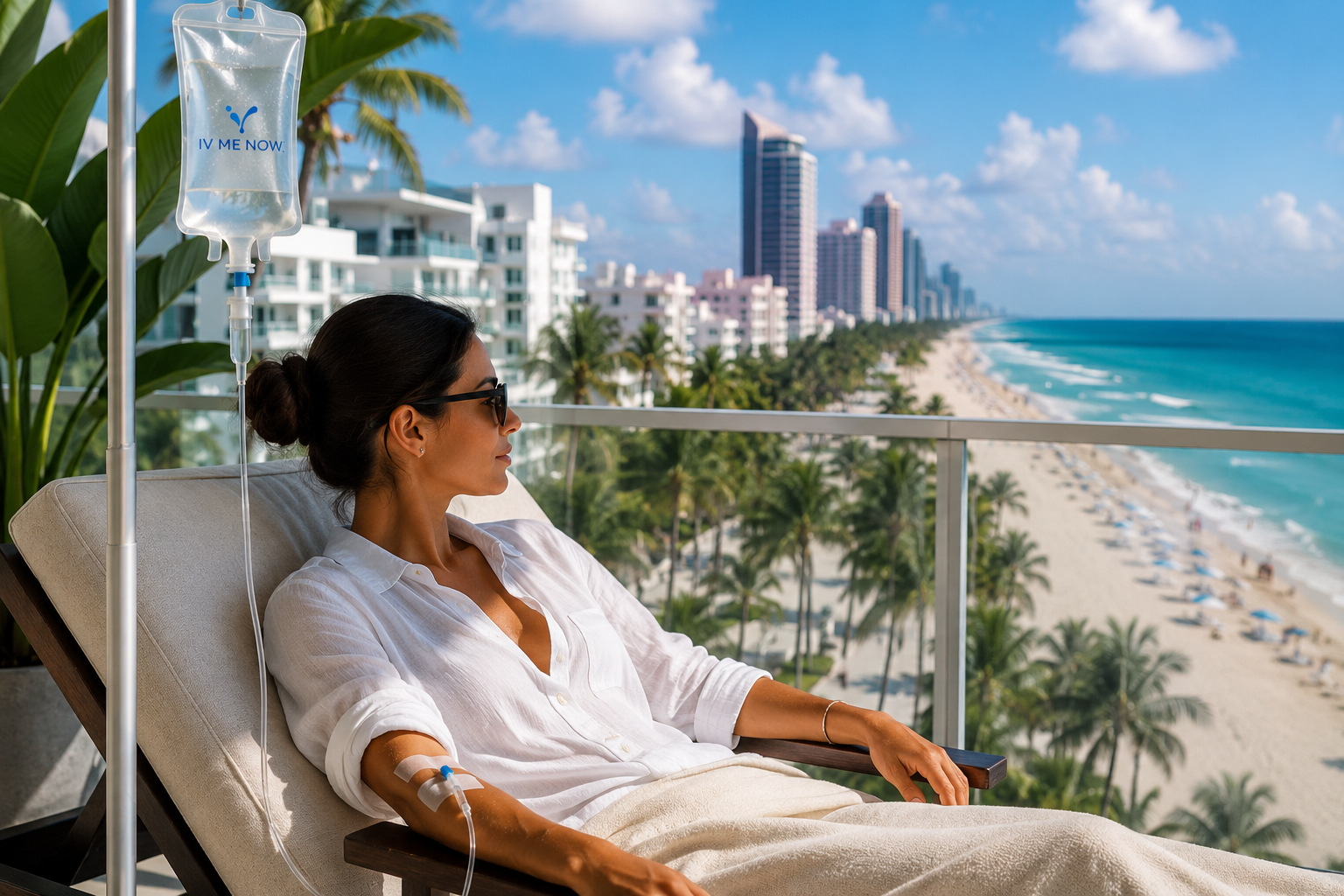 Woman relaxing on a Miami Beach balcony during a mobile IV therapy session