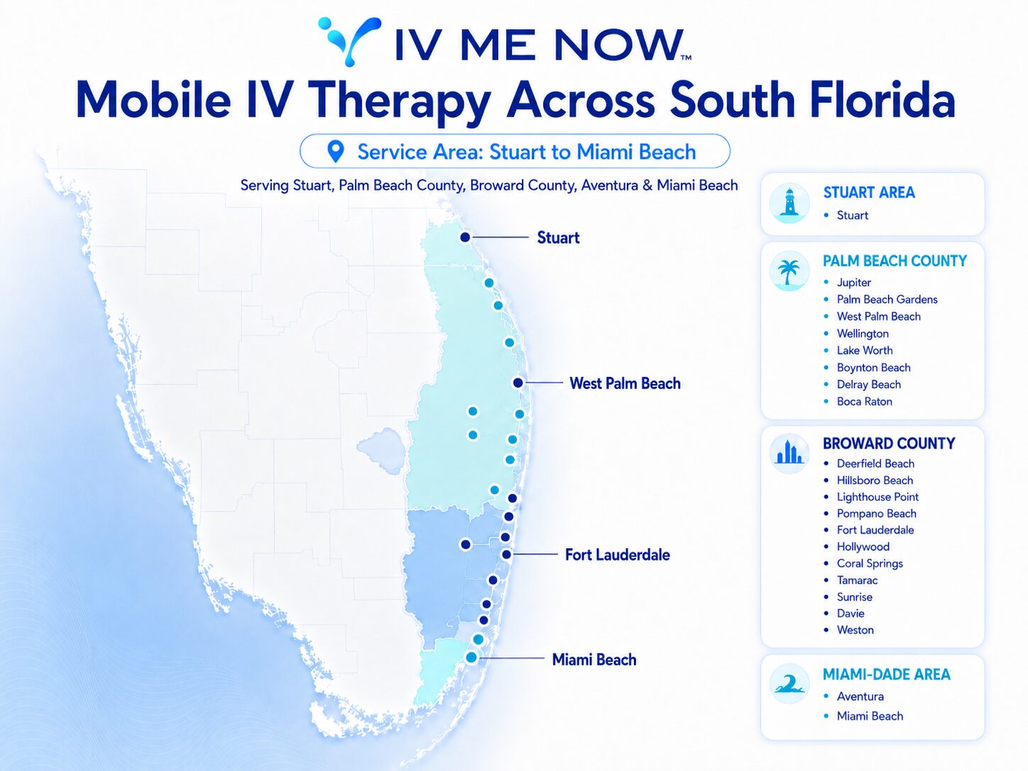 Map of IV Me Now mobile IV therapy service area across South Florida, from Miami-Dade to the Treasure Coast.