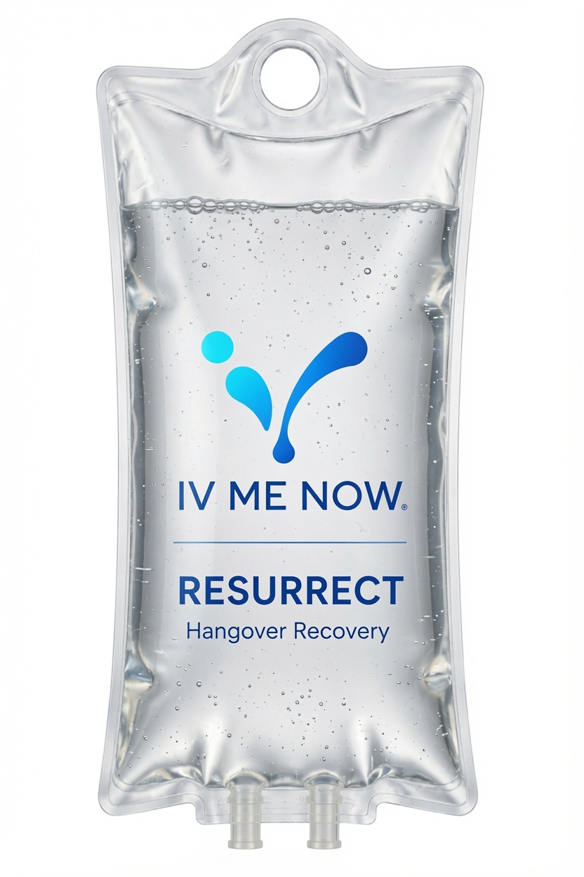 IV Me Now Resurrect IV therapy bag on a white background