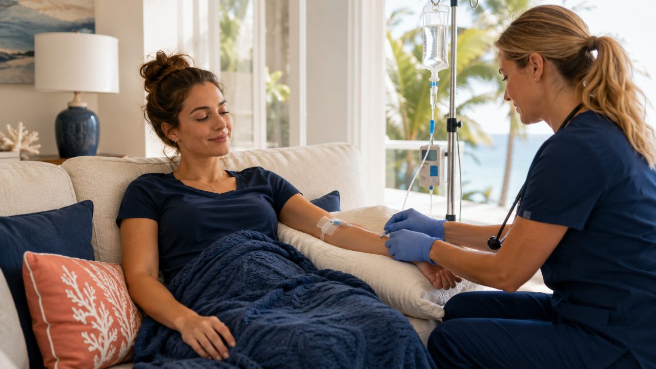 Nurse giving a Fourth of July recovery IV to a relaxed client at home in Pompano Beach