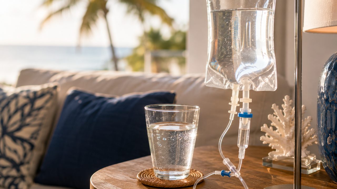 Close-up of a hydration IV drip bag used for Fourth of July hangover recovery