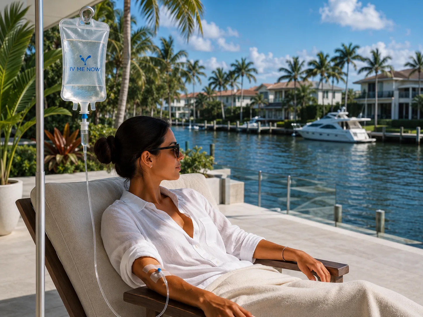 Woman receiving mobile IV therapy at a waterfront home in Lighthouse Point, Florida