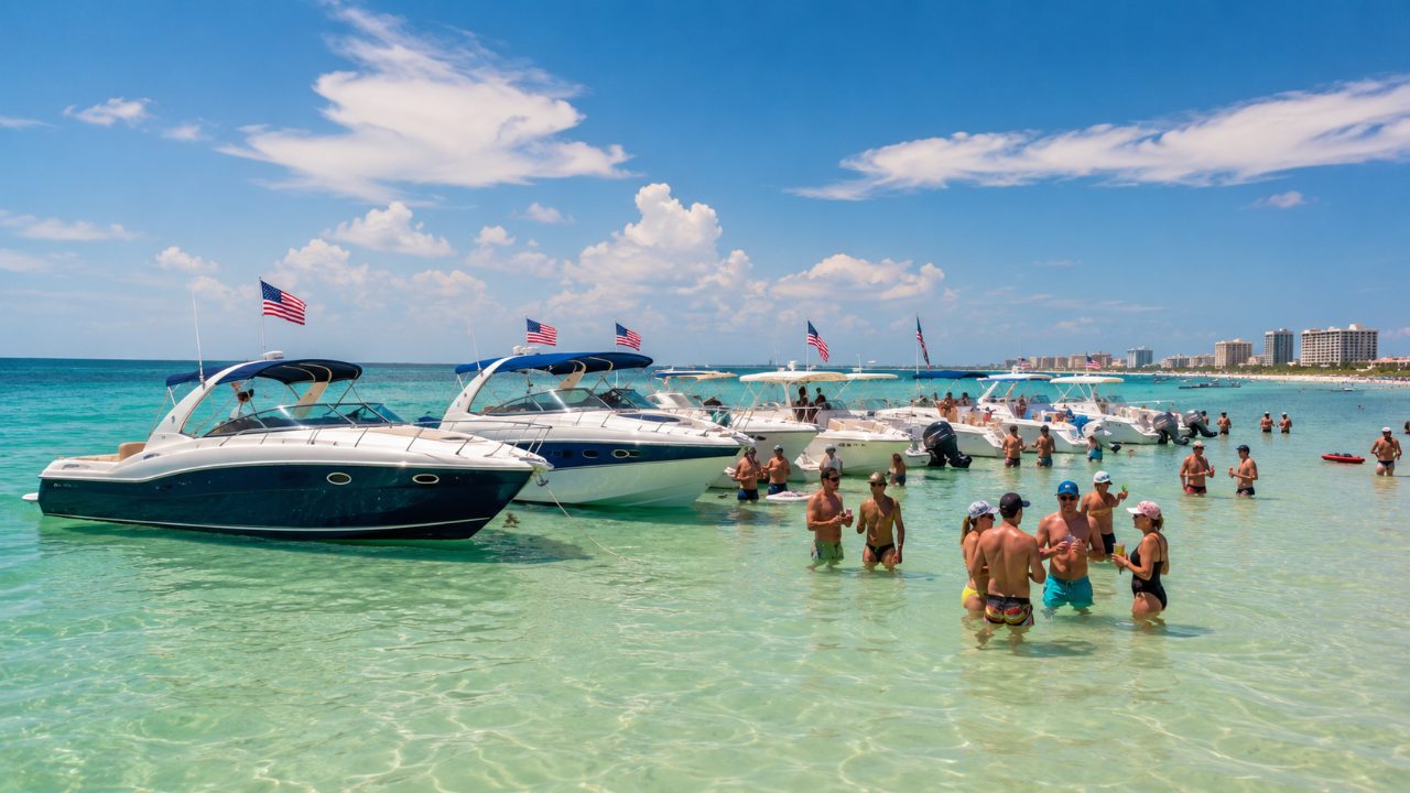 Boats rafted at the Pompano Beach sandbar under intense July sun