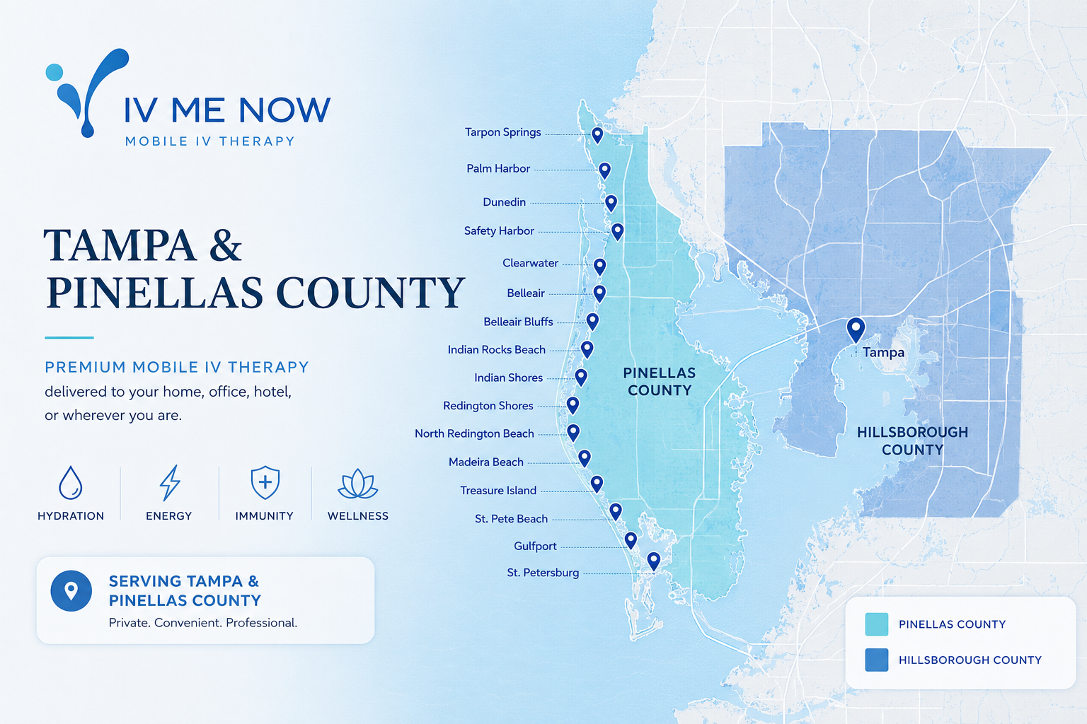 IV Me Now mobile IV therapy service areas across the Tampa Bay area
